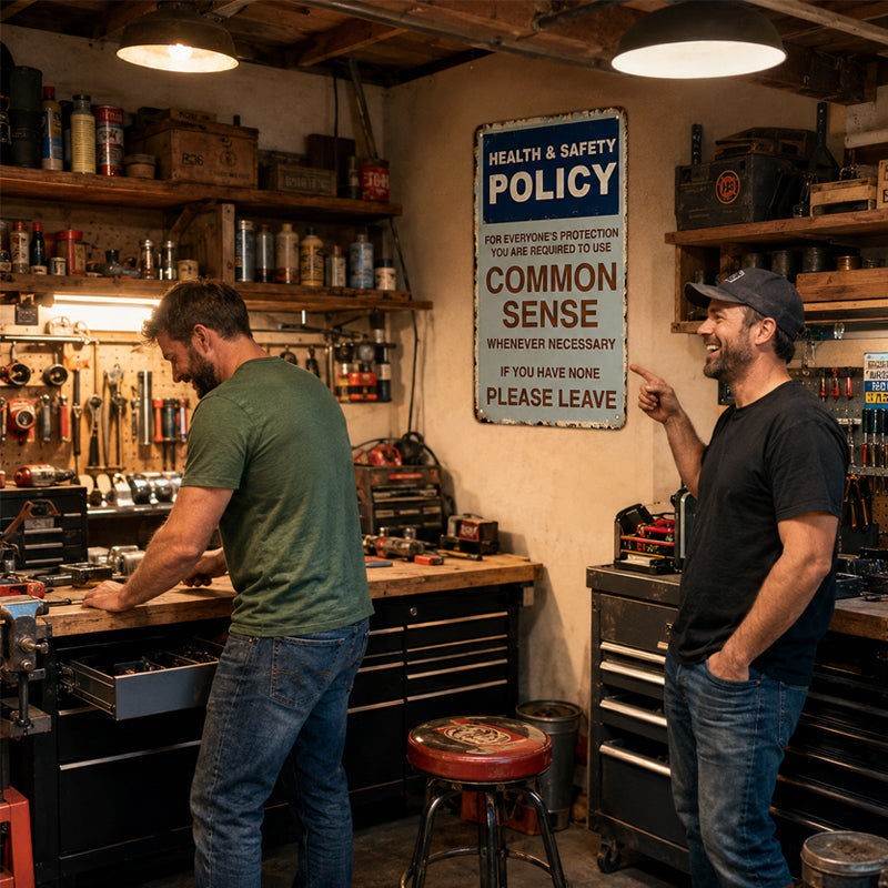 😂🤘Sarcastisch vintage metalen bordje met de tekst “Common Sense Policy”