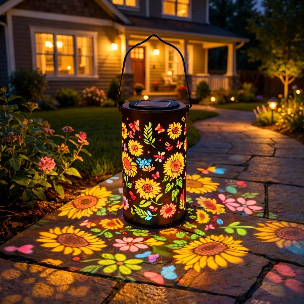 Kleurrijke, op zonne-energie werkende tuinlamp met zonnebloemeffect