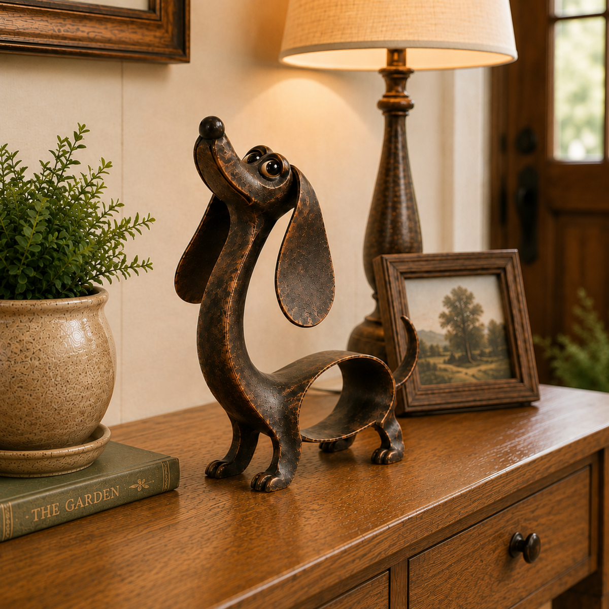Antieke bronzen teckelsculptuur