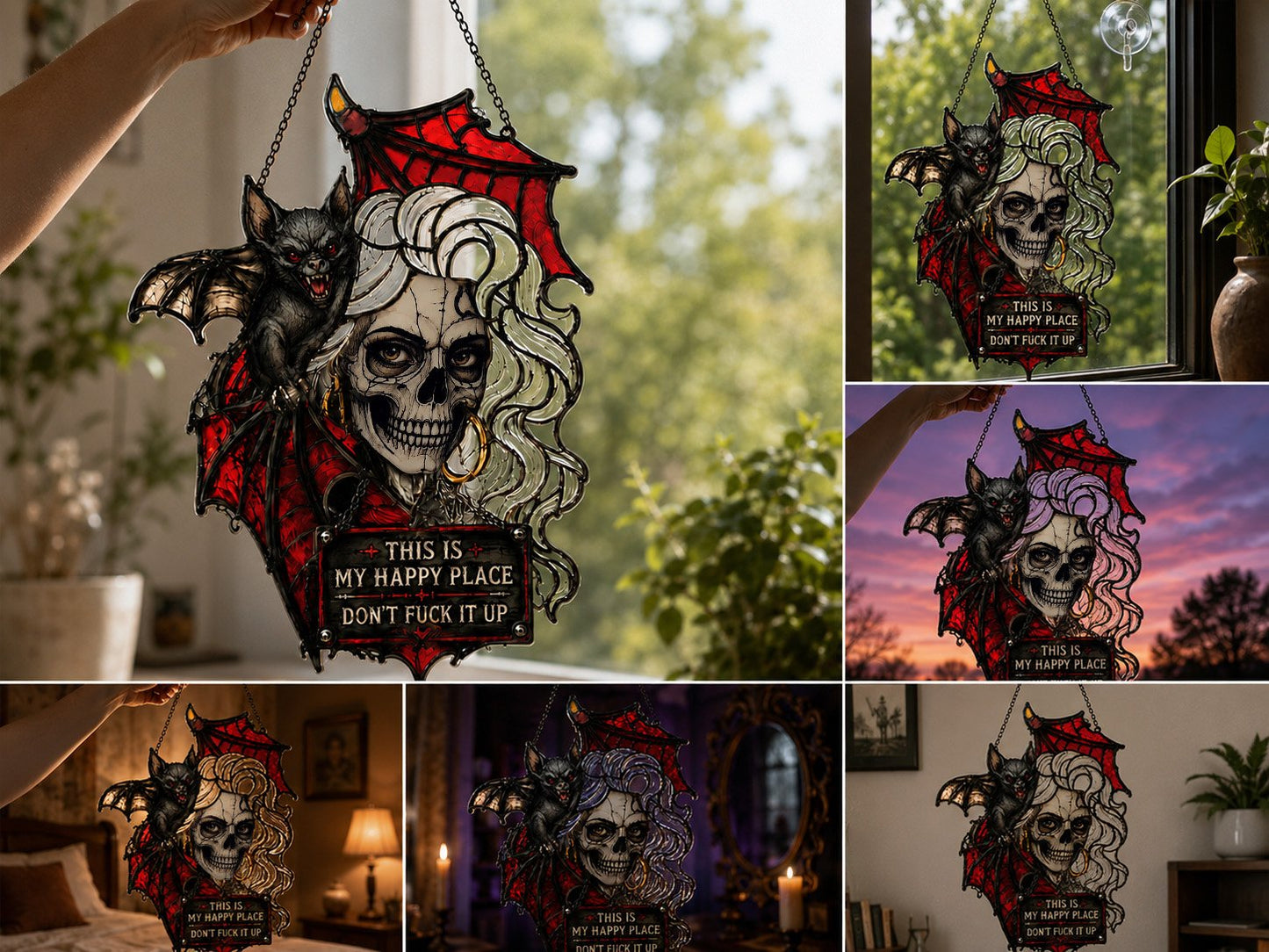 🦇💀Gotische schedel en vleermuis "Mijn gelukkige plek" Hangdecoratie — Stemmingsafhankelijke haareffect wanddecoratie✨