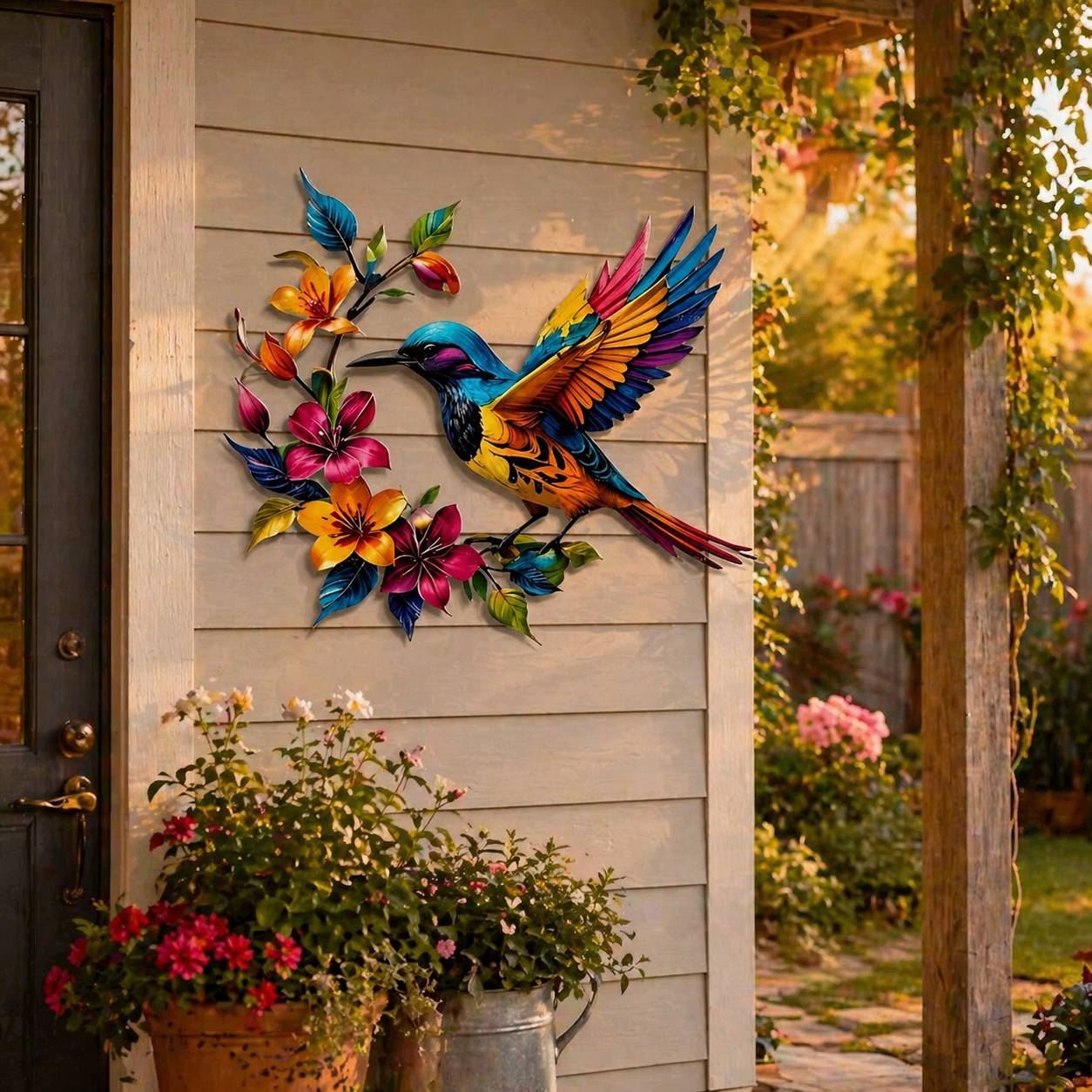 Metalen wanddecoratie met bloeiende kolibrie