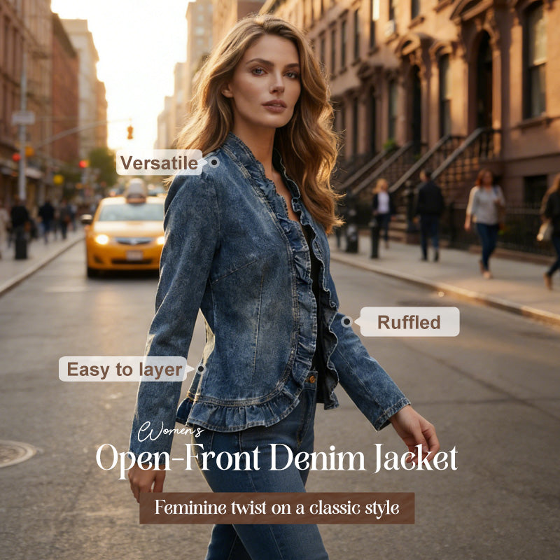 🧥✨ Damesjeansjasje – open aan de voorkant, met ruches, lichtgewicht, klassieke wassing ✨