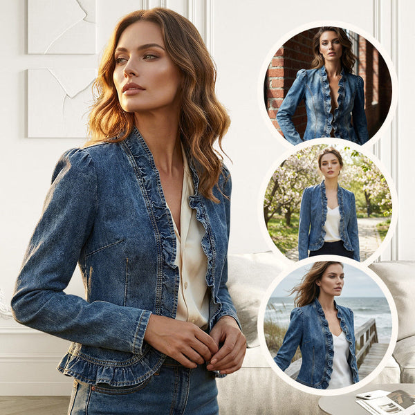 🧥✨ Damesjeansjasje – open aan de voorkant, met ruches, lichtgewicht, klassieke wassing ✨