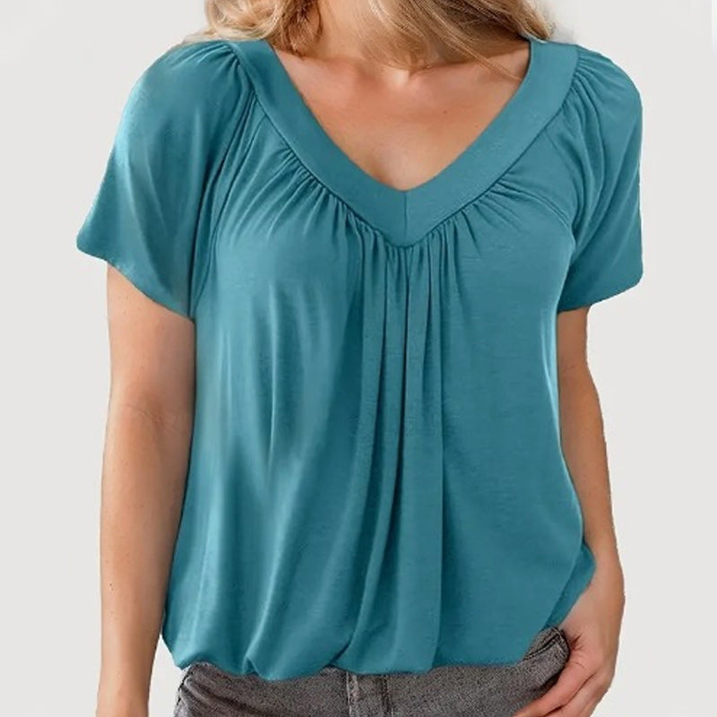 Casual damesblouse met plooien, V-hals en korte mouwen.