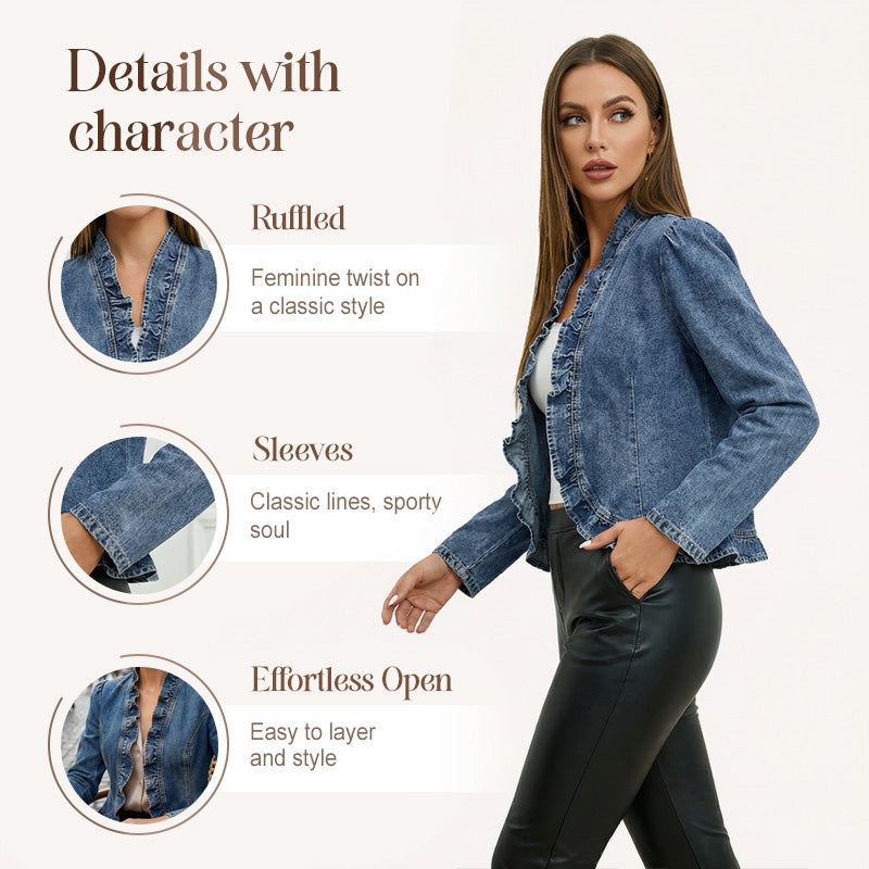 🧥✨ Damesjeansjasje – open aan de voorkant, met ruches, lichtgewicht, klassieke wassing ✨