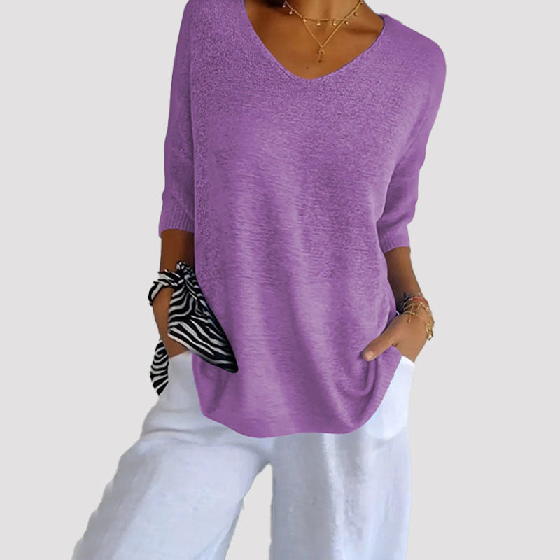 Effen gebreide top met v-hals