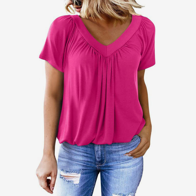 Casual damesblouse met plooien, V-hals en korte mouwen.