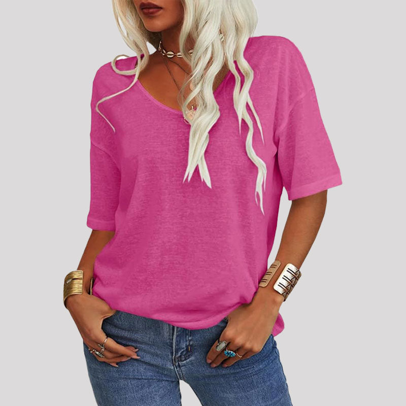 Dames-T-shirt met effen kleur V-hals