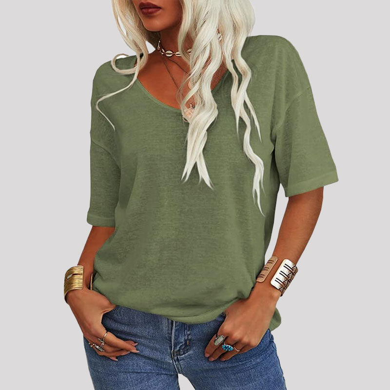 Dames-T-shirt met effen kleur V-hals