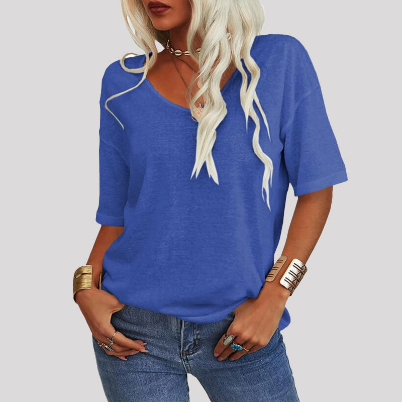 Dames-T-shirt met effen kleur V-hals