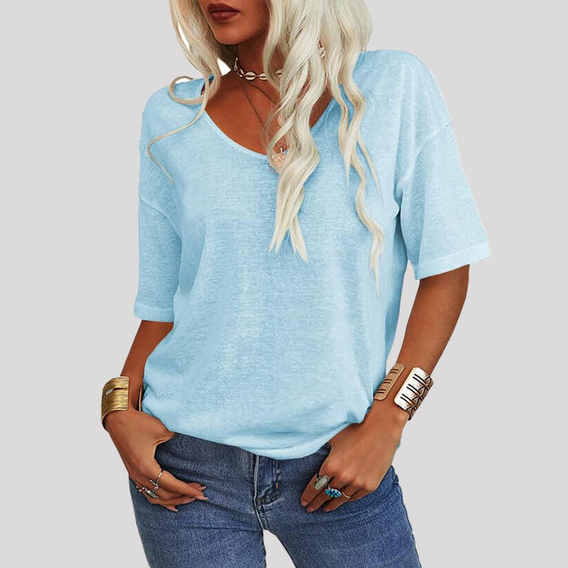 Dames-T-shirt met effen kleur V-hals