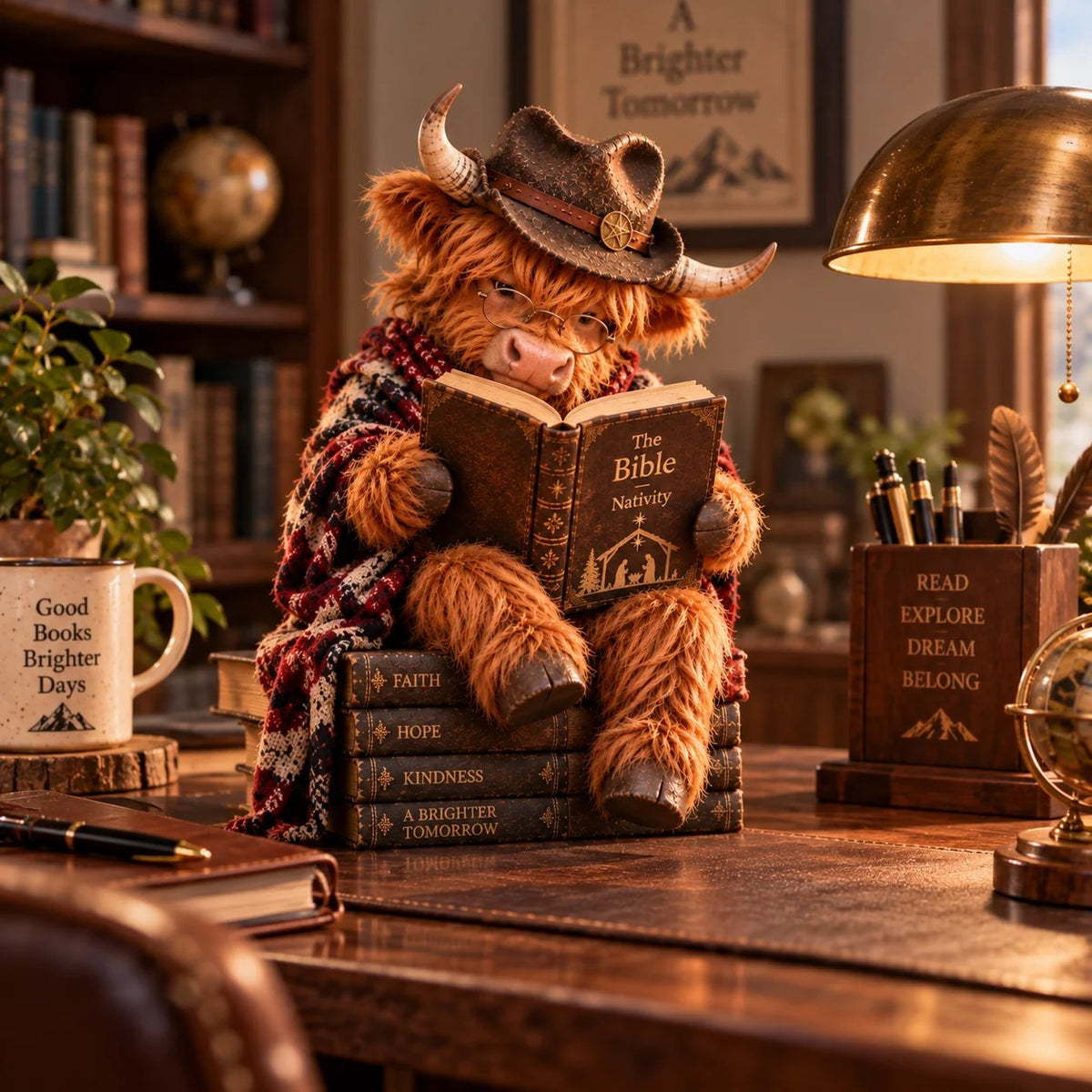 ⏳ Laatste dag: 49% korting – 🐮 Kerstbeeldje van Schotse Hooglander met boek – Cadeau voor boekenliefhebbers (geïnspireerd door geloof)