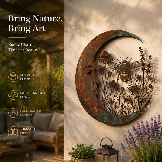 🌙 Muurdecoratie met halve maan en bij — Breng dromerige magie naar je tuin en terras! ✨🐝