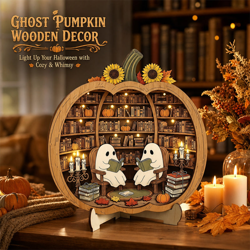 👻 Betoverende Halloween-spookpompoendecoratie | Gezellig houten tafelornament met charmante taferelen