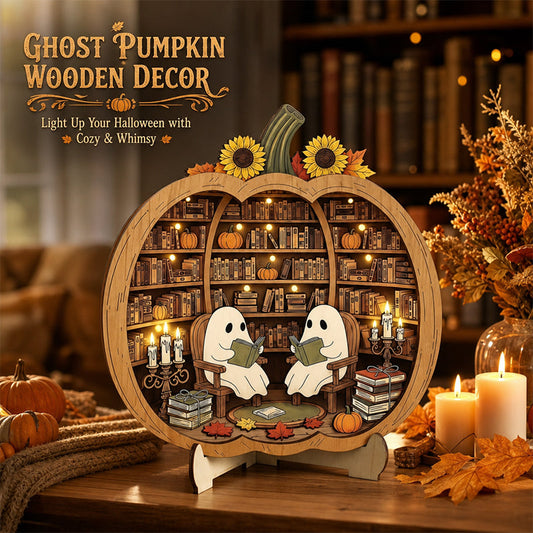 👻 Betoverende Halloween-spookpompoendecoratie | Gezellig houten tafelornament met charmante taferelen