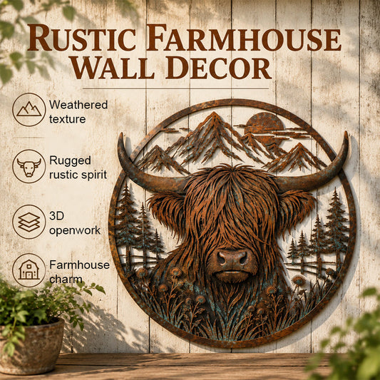 🐂Metalen wanddecoratie met Schotse hooglandkoeien en berglandschap🏔️