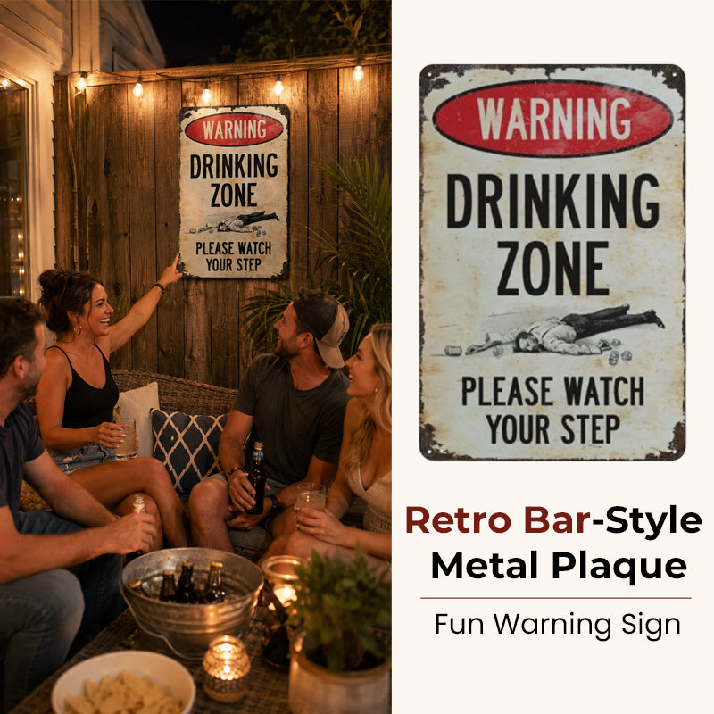 Grappig metalen bord in vintagestijl: 'Drinking Zone' (waarschuwing) 🍻🚧