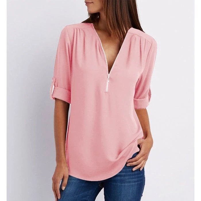 Grote maat 3/4 mouw los chiffon shirt met V-hals en ritssluiting