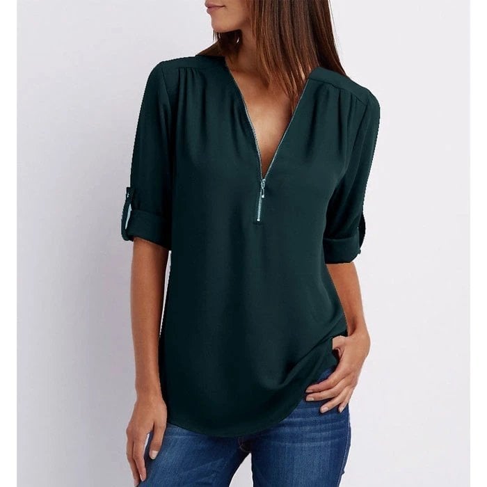 Grote maat 3/4 mouw los chiffon shirt met V-hals en ritssluiting
