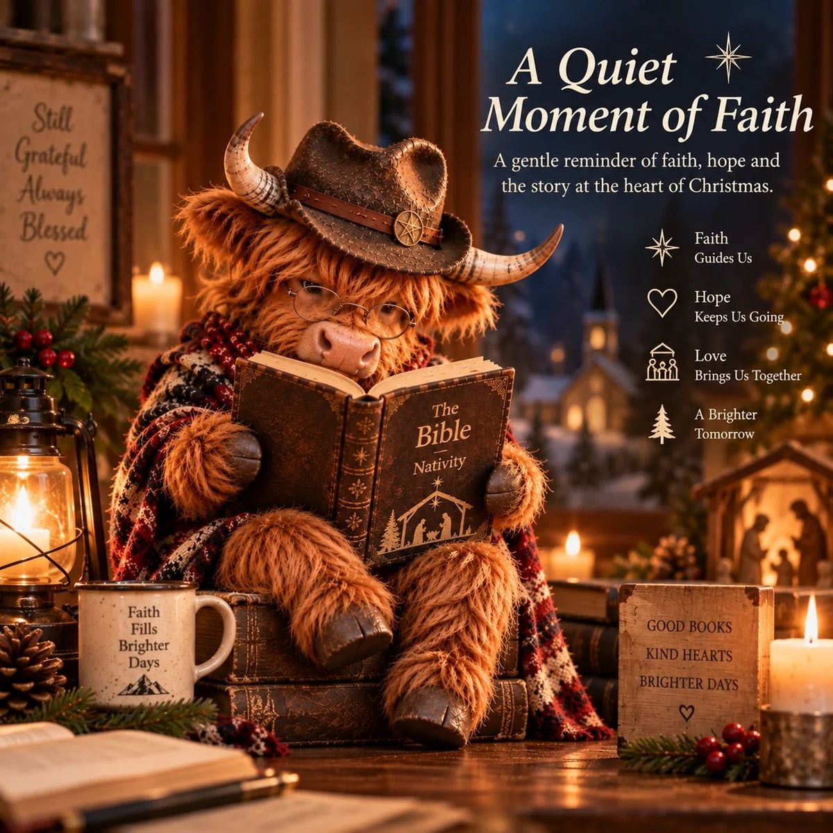 ⏳ Laatste dag: 49% korting – 🐮 Kerstbeeldje van Schotse Hooglander met boek – Cadeau voor boekenliefhebbers (geïnspireerd door geloof)