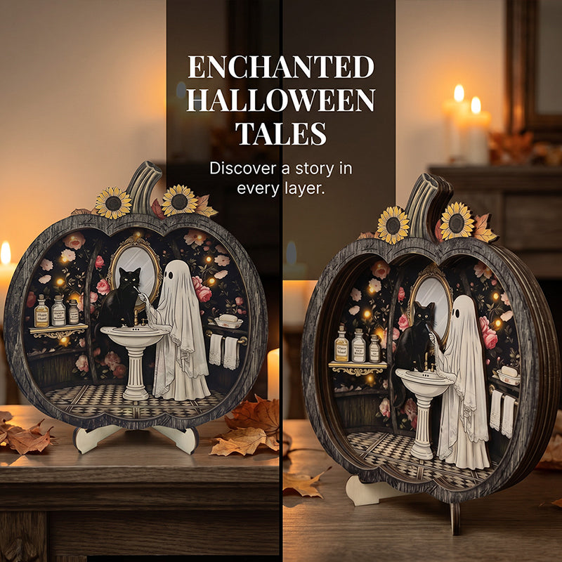 👻 Betoverende Halloween-spookpompoendecoratie | Gezellig houten tafelornament met charmante taferelen