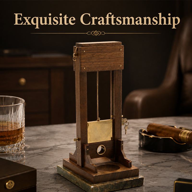 Vintage Guillotine-Tischaccessoire – Decoratieve Holz en Metallobjekt met geïntegreerde Ablagetablett