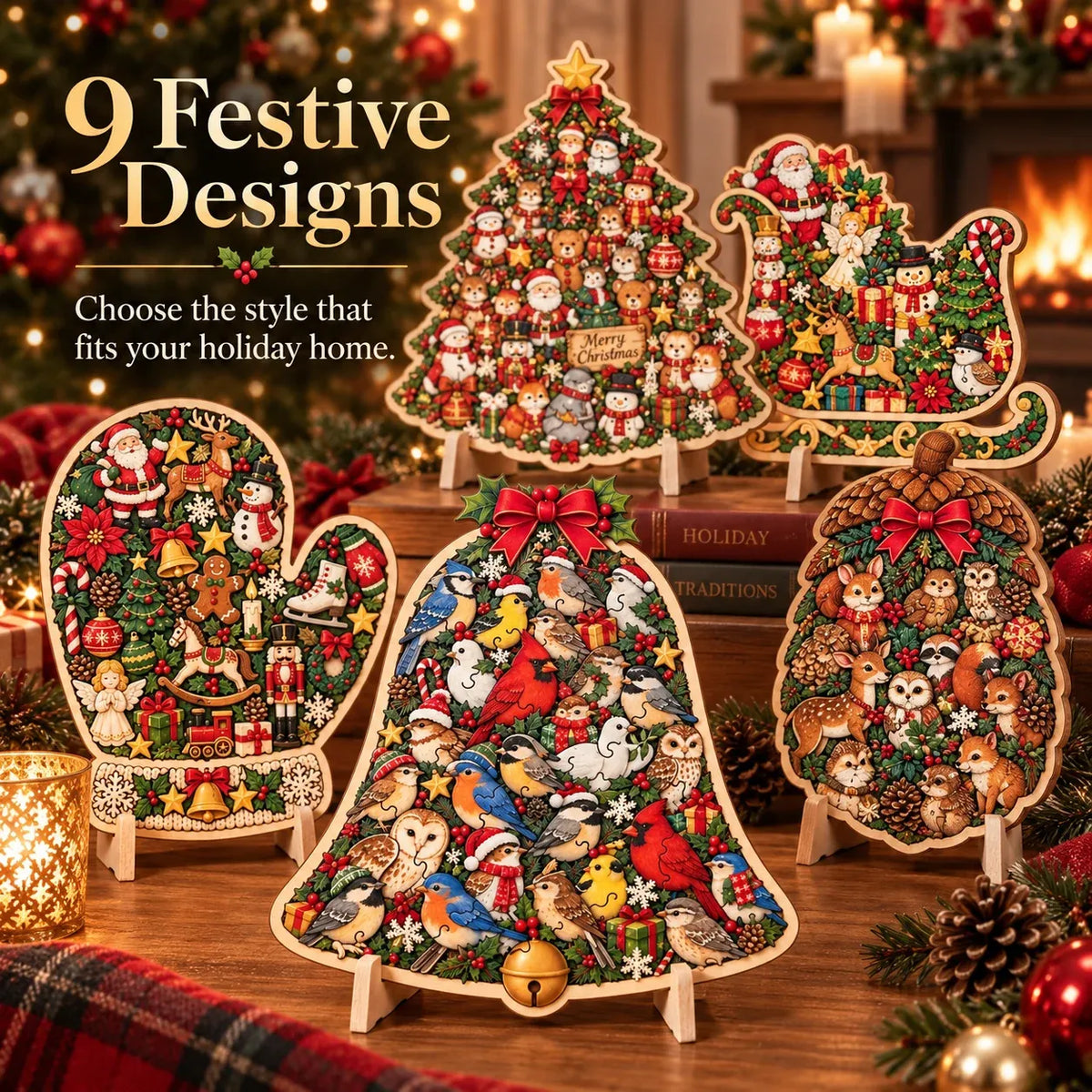 🎄 Houten kerstpuzzel met standaard | 9 feestelijke ontwerpen om in elkaar te zetten en neer te zetten 🧩