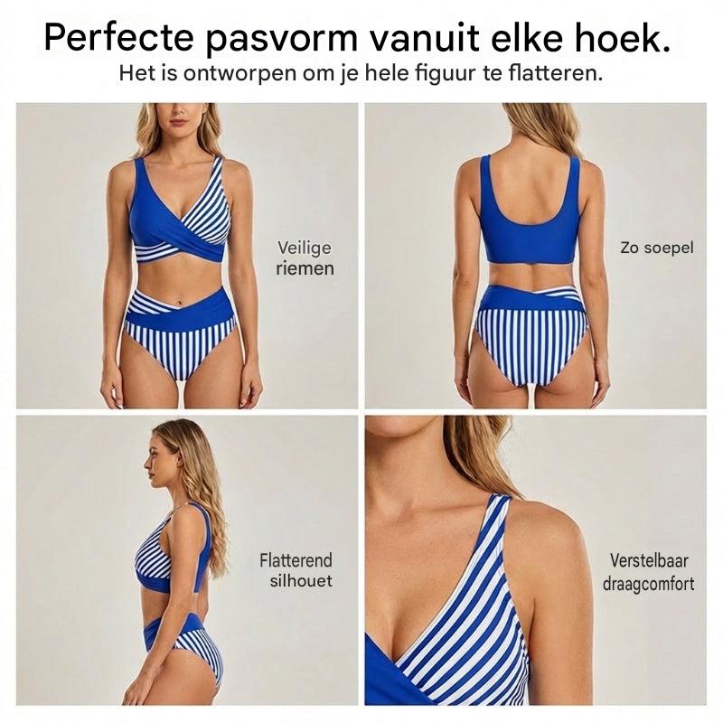 Kétrészes, színes blokkos és csíkos bikini