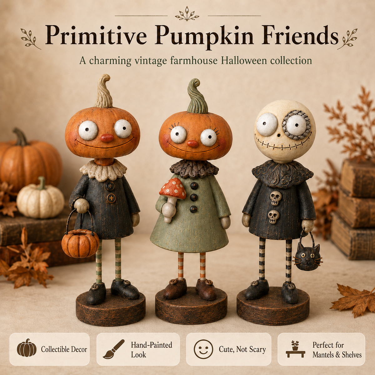 🎃Primitieve pompoenvriendjes – Vintage Halloween-beeldjescollectie