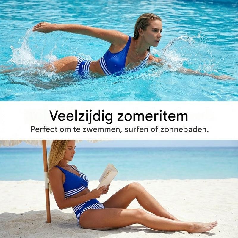 Kétrészes, színes blokkos és csíkos bikini