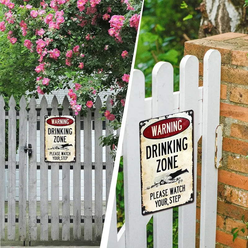 Grappig metalen bord in vintagestijl: 'Drinking Zone' (waarschuwing) 🍻🚧