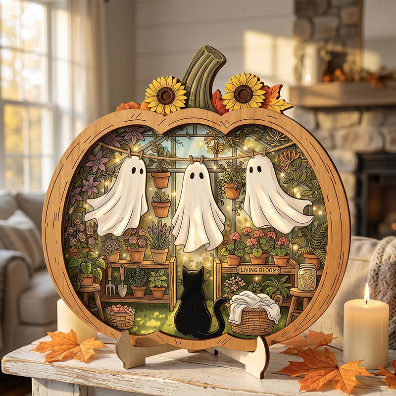 👻 Betoverende Halloween-spookpompoendecoratie | Gezellig houten tafelornament met charmante taferelen