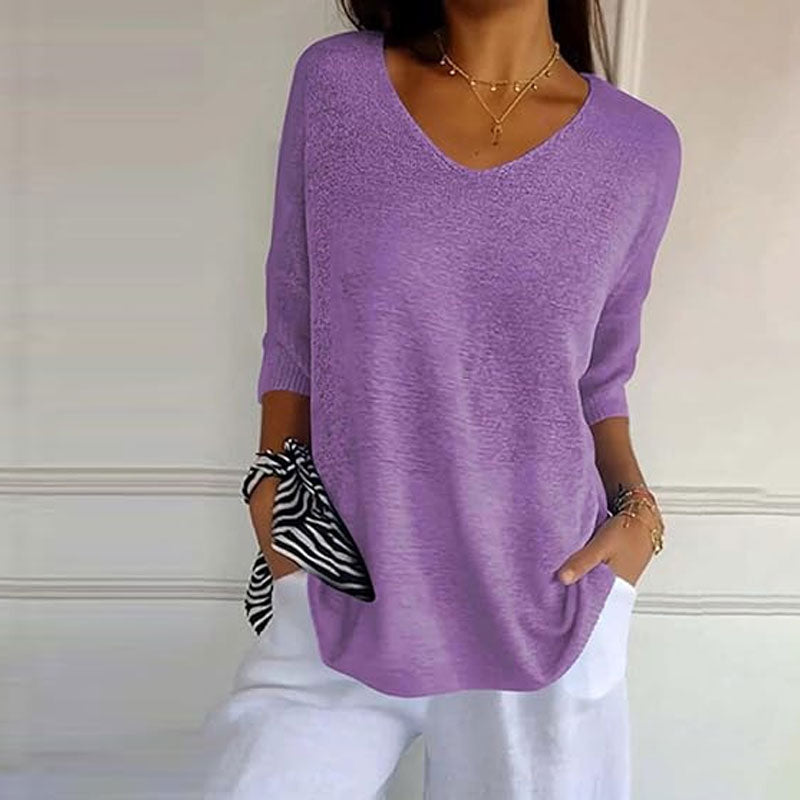 Effen gebreide top met v-hals