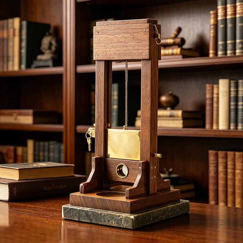 Vintage Guillotine-Tischaccessoire – Decoratieve Holz en Metallobjekt met geïntegreerde Ablagetablett
