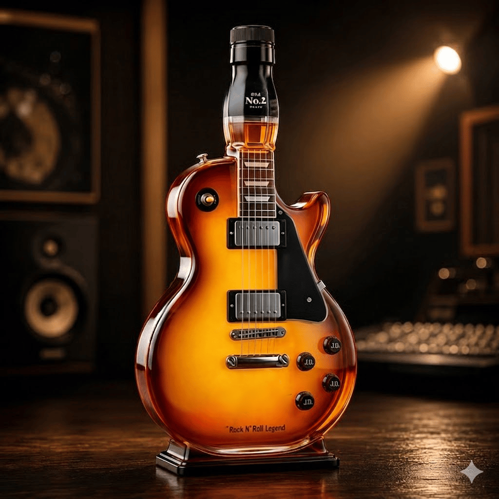 🤘Honger naar rockmuziek: Vintage gitaarfiguurtje in sunburst-afwerking als drankfles🎸✨