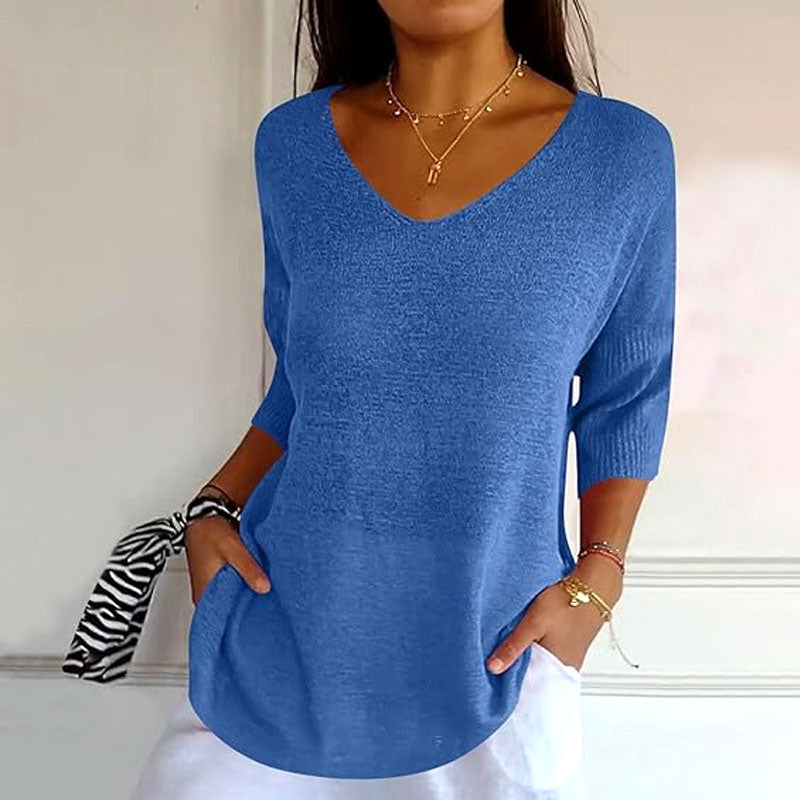 Effen gebreide top met v-hals