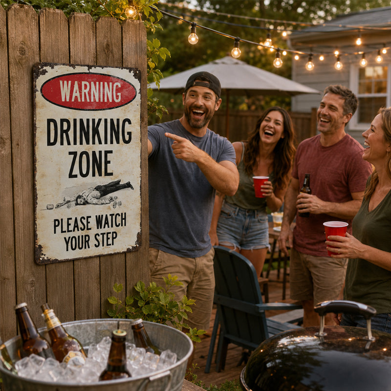 Grappig metalen bord in vintagestijl: 'Drinking Zone' (waarschuwing) 🍻🚧