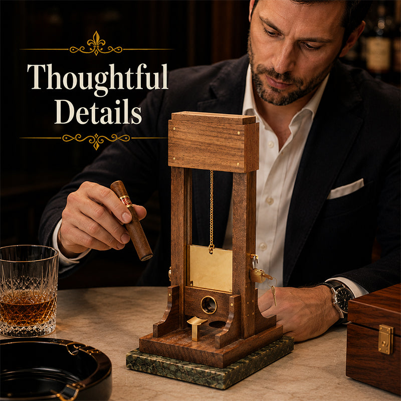 Vintage Guillotine-Tischaccessoire – Decoratieve Holz en Metallobjekt met geïntegreerde Ablagetablett