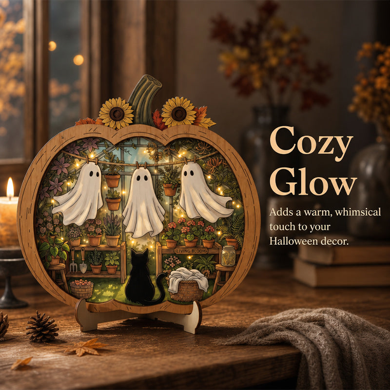 👻 Betoverende Halloween-spookpompoendecoratie | Gezellig houten tafelornament met charmante taferelen