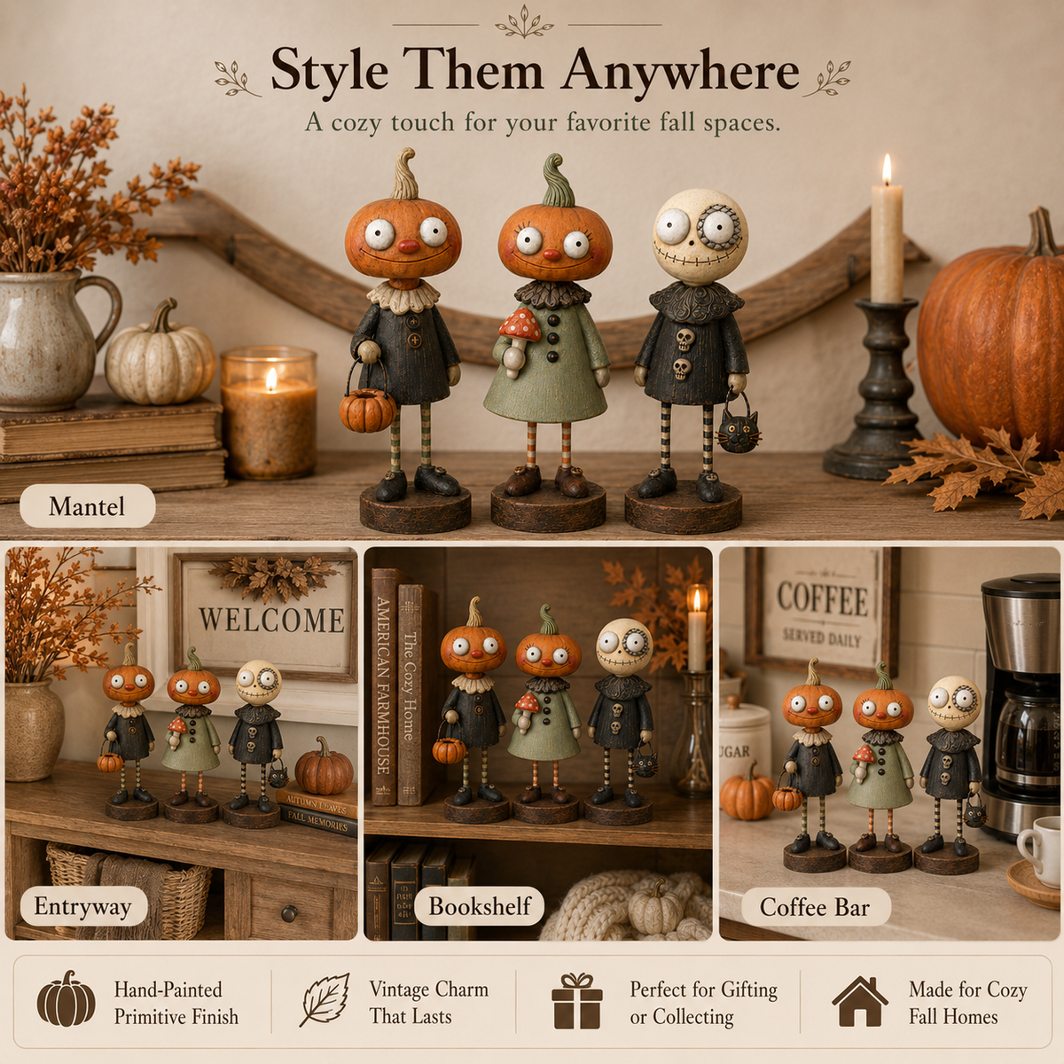 🎃Primitieve pompoenvriendjes – Vintage Halloween-beeldjescollectie