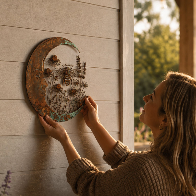 🌙 Muurdecoratie met halve maan en bij — Breng dromerige magie naar je tuin en terras! ✨🐝