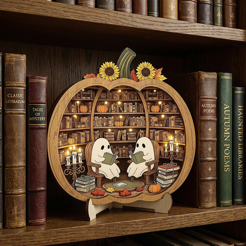 👻 Betoverende Halloween-spookpompoendecoratie | Gezellig houten tafelornament met charmante taferelen