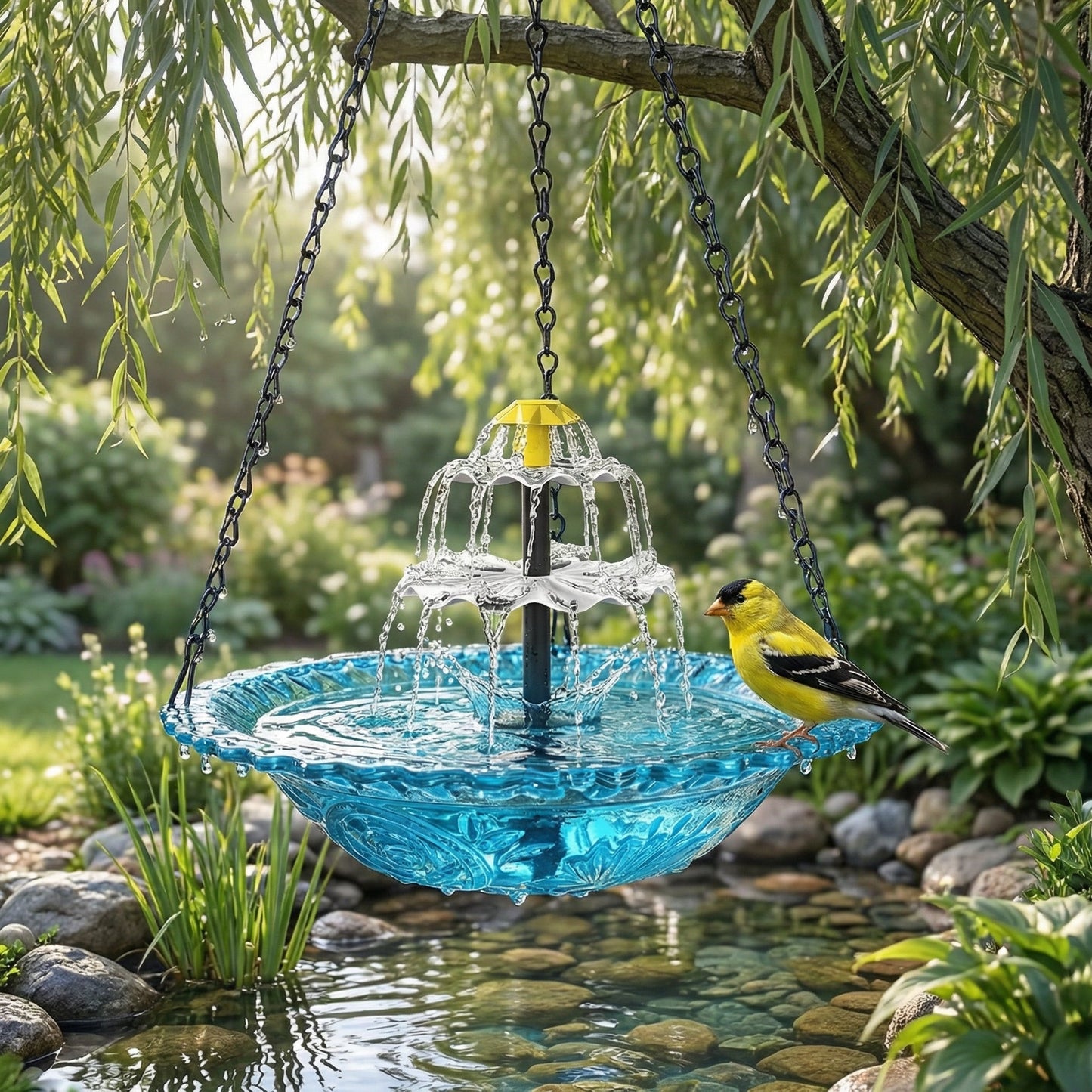 Hangend vogelbad met waterva