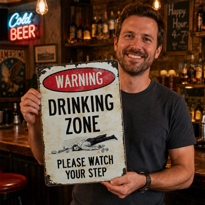 Grappig metalen bord in vintagestijl: 'Drinking Zone' (waarschuwing) 🍻🚧
