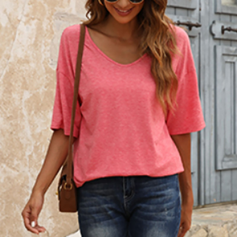 Dames-T-shirt met effen kleur V-hals