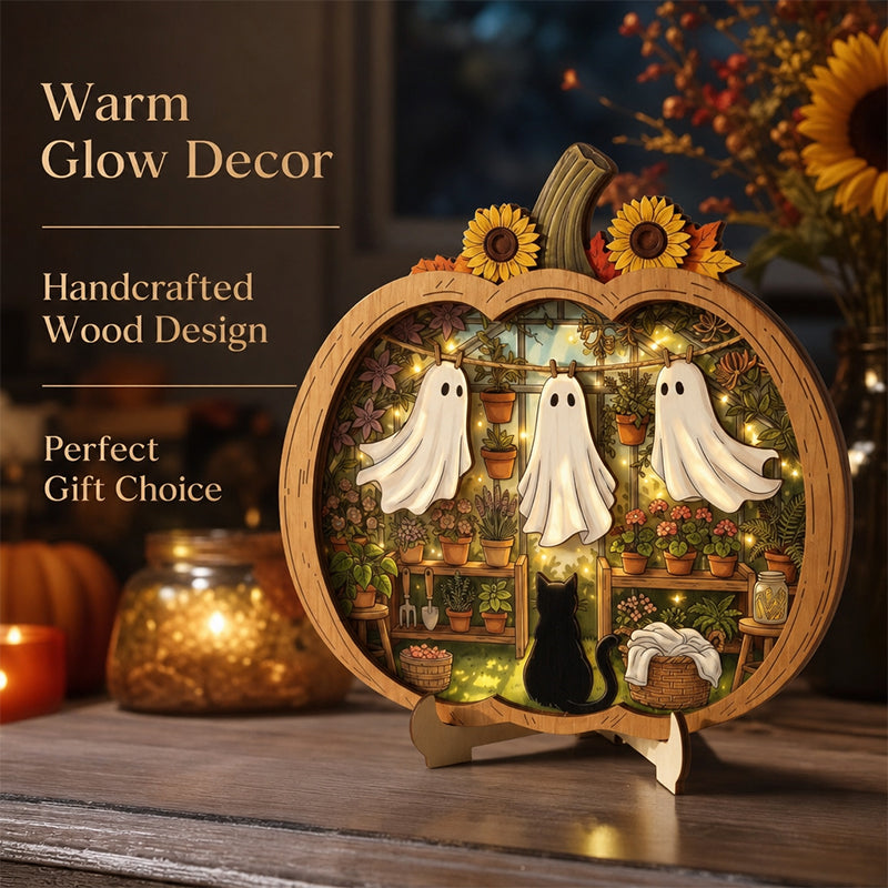 👻 Betoverende Halloween-spookpompoendecoratie | Gezellig houten tafelornament met charmante taferelen