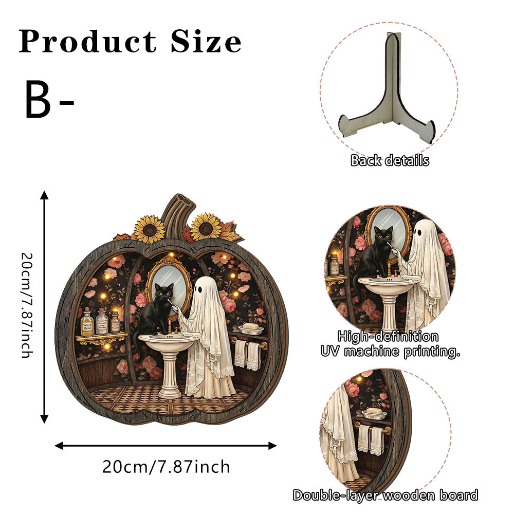 👻 Betoverende Halloween-spookpompoendecoratie | Gezellig houten tafelornament met charmante taferelen