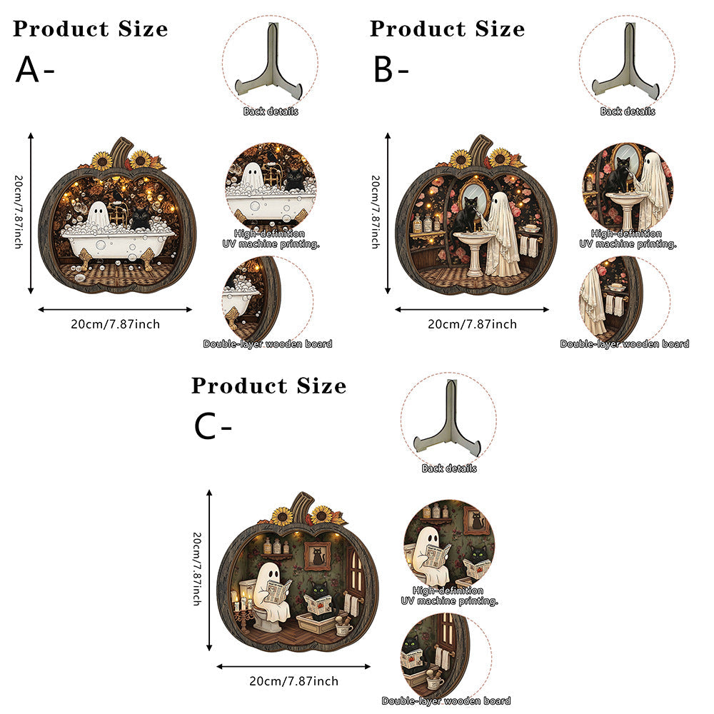 👻 Betoverende Halloween-spookpompoendecoratie | Gezellig houten tafelornament met charmante taferelen