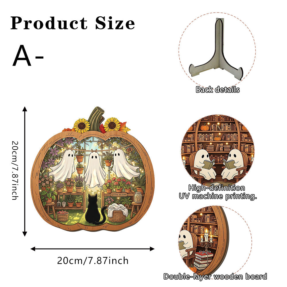 👻 Betoverende Halloween-spookpompoendecoratie | Gezellig houten tafelornament met charmante taferelen