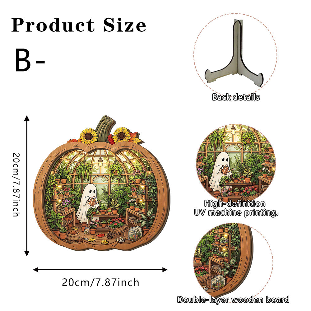 👻 Betoverende Halloween-spookpompoendecoratie | Gezellig houten tafelornament met charmante taferelen